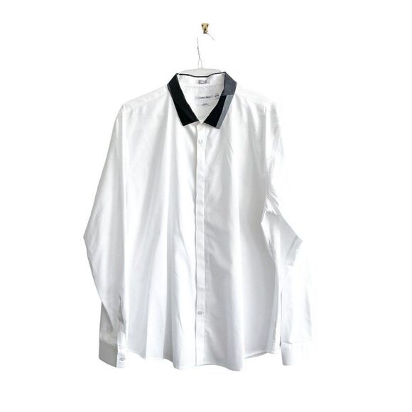 Calvin Klein Men's Dress Shirt Body Fit White Black Gray Collar Cotton Size XXL - Picture 1 of 8